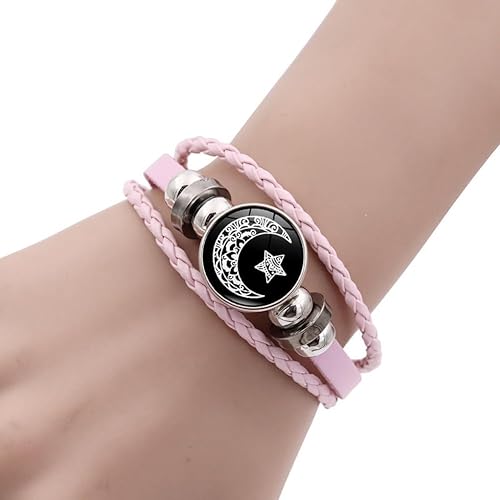 Luminous Sun and Moon Couple Bracelet - Glow in the Dark Matching Braided Leather Jewelry for Couples, Adjustable Long Distance Love Gift for Him & Her (black,pink)