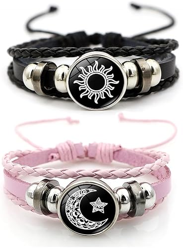 Luminous Sun and Moon Couple Bracelet - Glow in the Dark Matching Braided Leather Jewelry for Couples, Adjustable Long Distance Love Gift for Him & Her (black,pink)