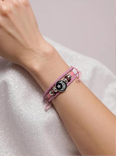 Luminous Sun and Moon Couple Bracelet - Glow in the Dark Matching Braided Leather Jewelry for Couples, Adjustable Long Distance Love Gift for Him & Her (black,pink)